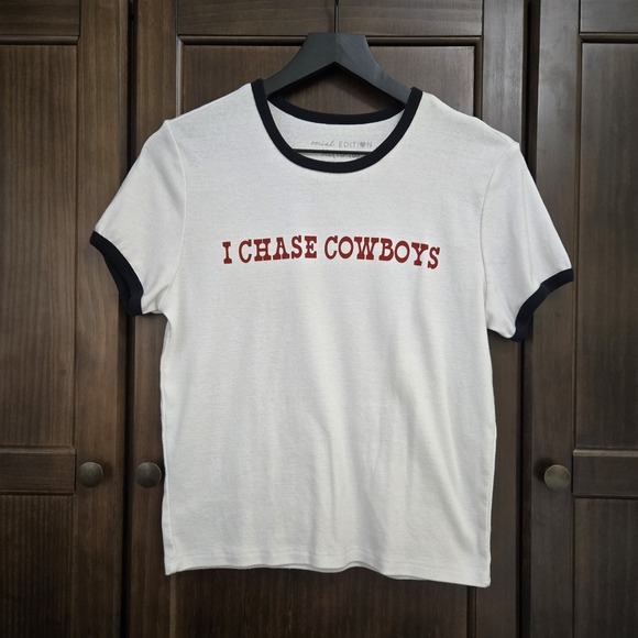 Tops - Social Edition "I Chase Cowboys" Short Sleeve Ringer T-Shirt Black White XL
